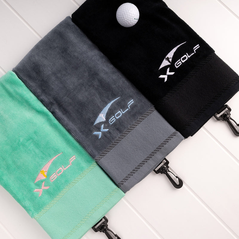 Custom embroidered golf towel with clip for golf day giveaways