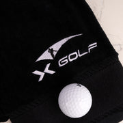 Embroidered golf towel with eyelet and clip for golf bag