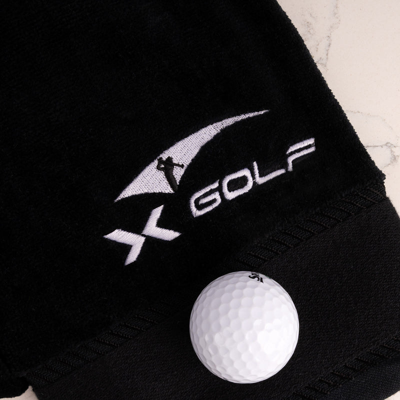 Embroidered golf towel with eyelet and clip for golf bag