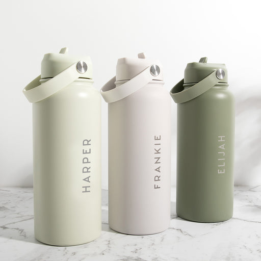 Set of personalised water bottles in ivory, olive, and lime – ideal Christmas gift idea