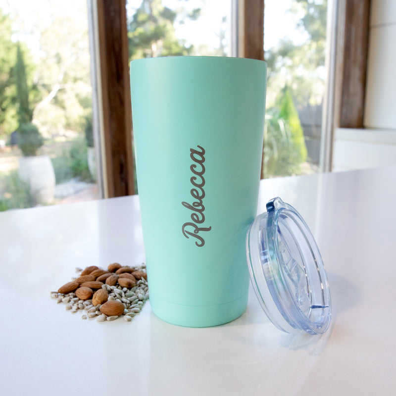 Custom insulated travel mug in mint, engraved with name or special message