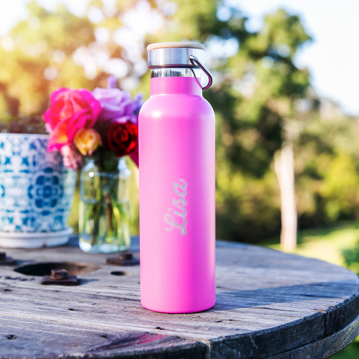 Customised Engraved Pink Metal Water Bottle with Wooden Lid Birthday Present Gift