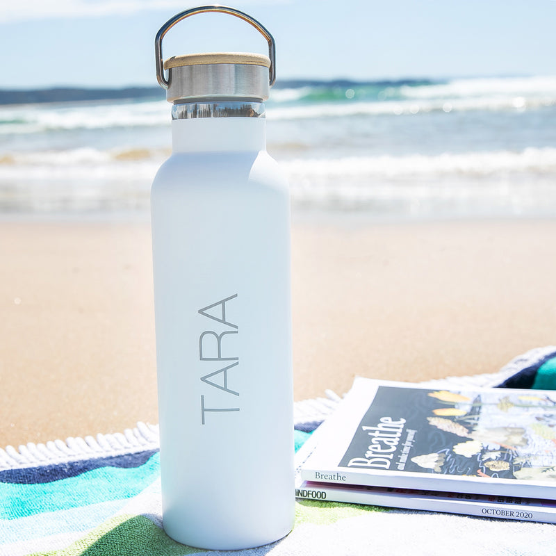 Custom Name Engraved White Stainless Steel Insulated Sport Drink Water Bottle with Wooden Lid Birthday Present
