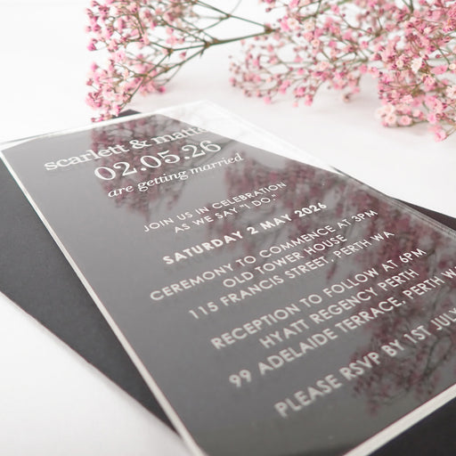 Personalised engraved 11B vertical clear wedding invitations