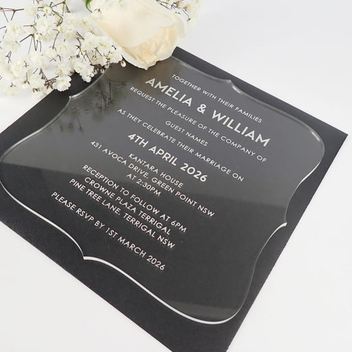 Personalised engraved royal style clear, wedding invitations