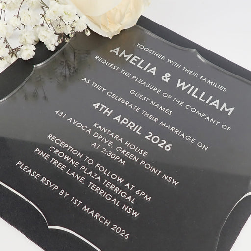 Custom designed laser cut and engraved royal style clear Acrylic wedding invitations