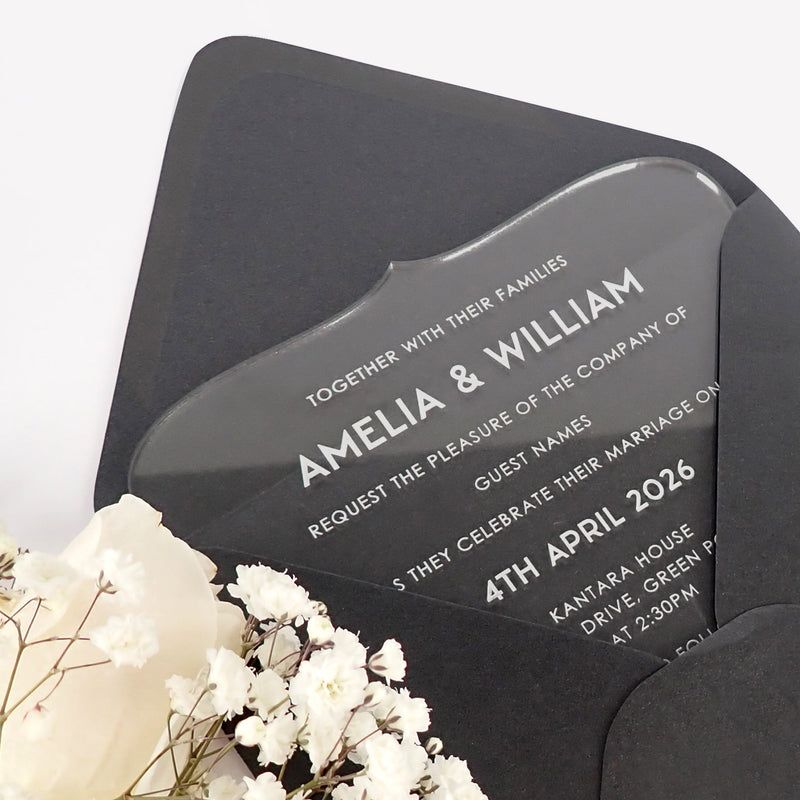 Custom Artwork Engraved Clear Acrylic Bride and Groom Wedding Invitation