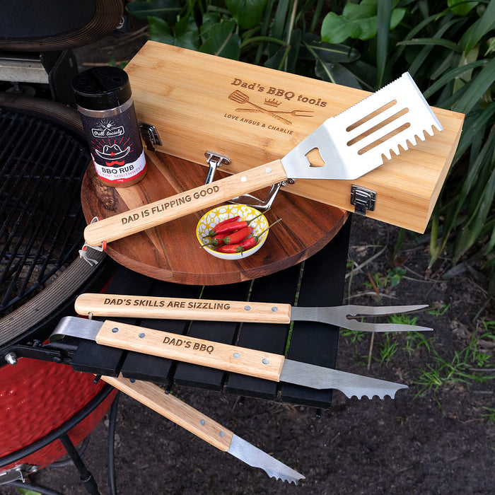 Customised Engraved 3 Piece BBQ Utensils Set with Engraved Wooden Carry Case Birthday Present