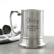 Silver stainless steel beer mug with custom black engraving for Buck’s Party