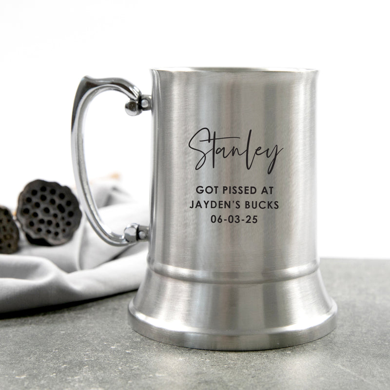 Silver stainless steel beer mug with custom black engraving for Buck’s Party