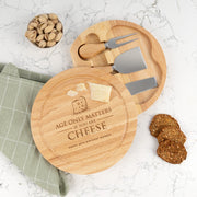 Personalised wooden cheese knife set engraved for a birthday gift with hidden three piece serving tools