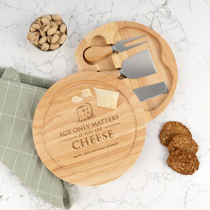 Personalised wooden cheese knife set engraved for a birthday gift with hidden three piece serving tools
