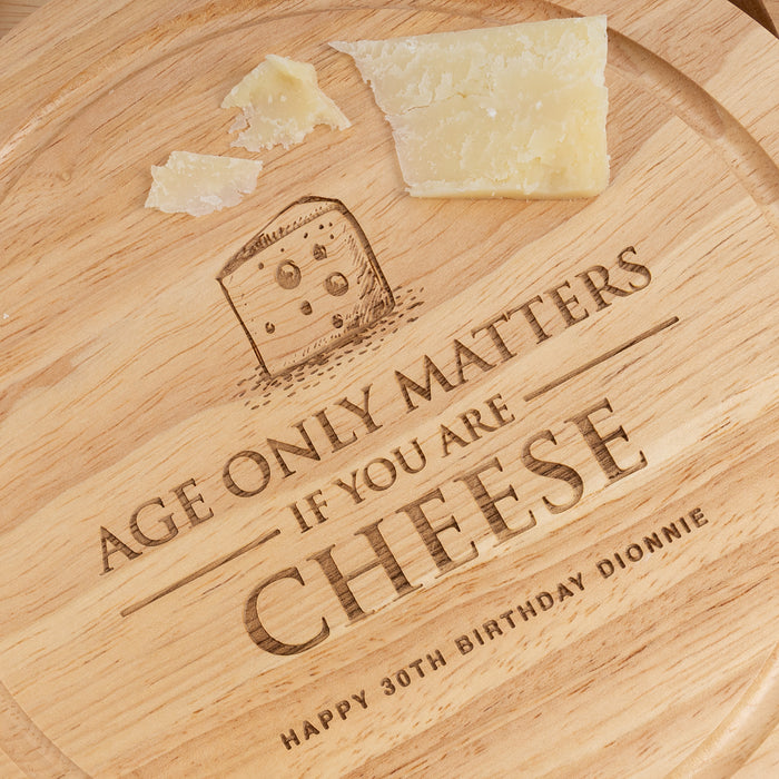 Engraved natural wood cheese board birthday present with custom name and concealed cheese knives