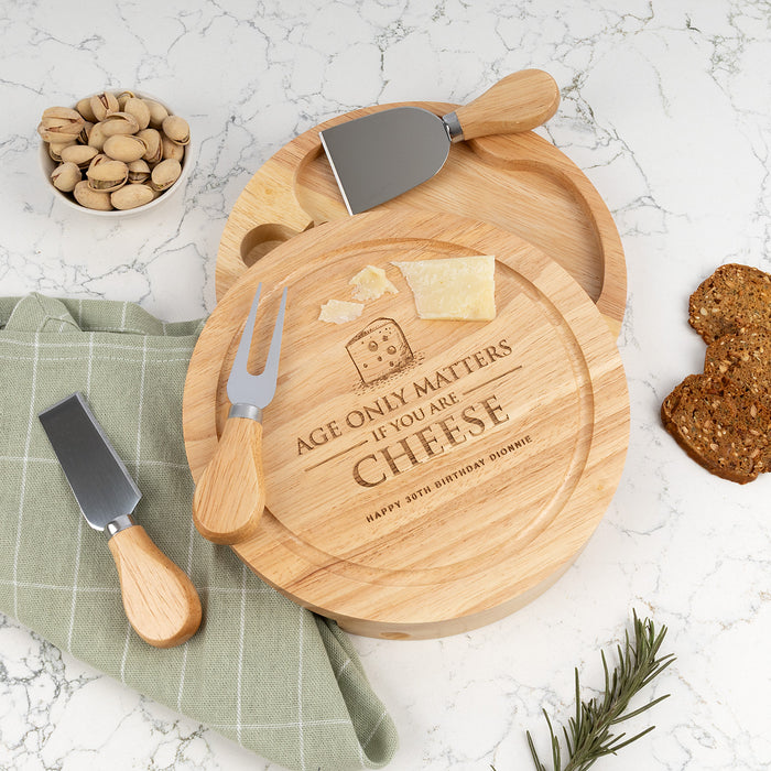 Custom engraved cheese platter set birthday gift with optional kraft wrapping and white satin ribbon