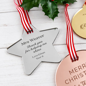 Personalised mirror acrylic Christmas decoration for teachers, custom engraved with name and thank you message.