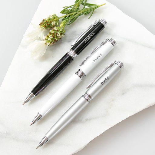 Personalised engraved twist ball pen in black, white, and silver – Christmas gift in gift box