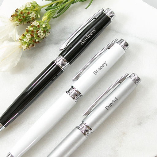 Close-up of engraved pen barrel showing custom name detail – elegant stocking stuffer