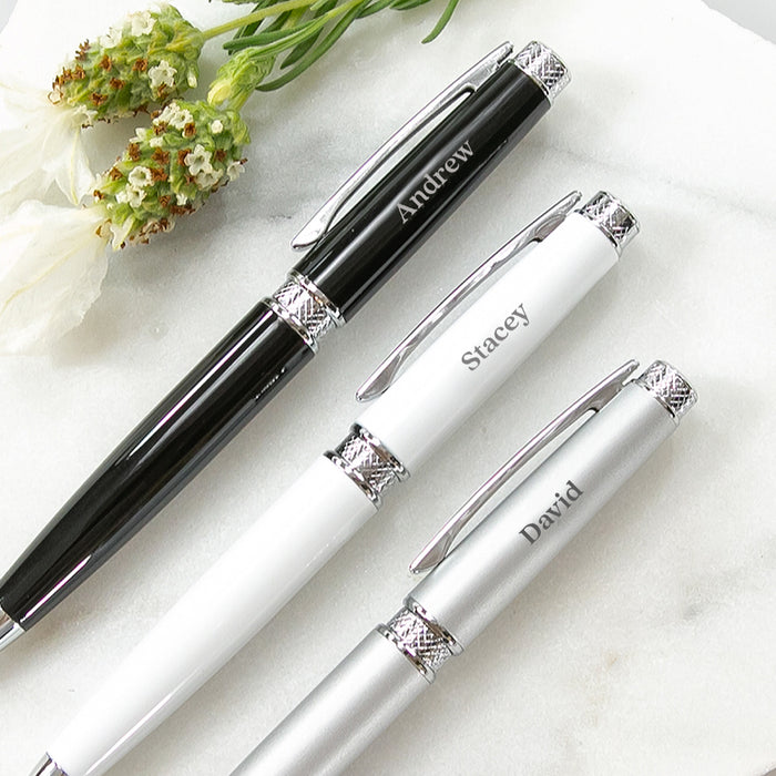 Close-up of engraved pen barrel showing custom name detail – elegant stocking stuffer