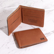 Personalised rawhide leatherette wallet with engraved initials on the front and custom message inside