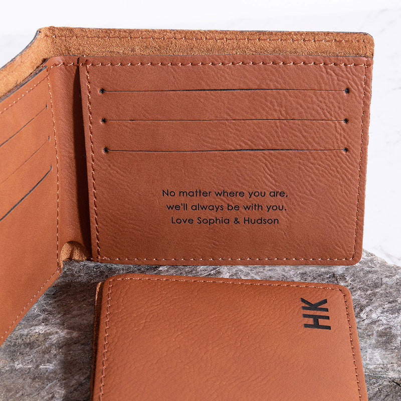 Stylish engraved tan wallet featuring six card slots, a money sleeve, and personalised details for him