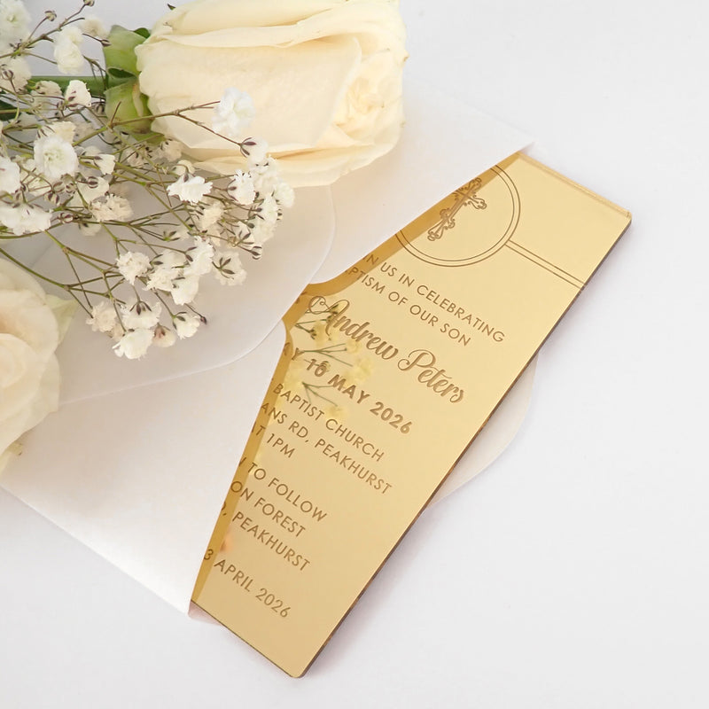 Custom Designed 11B Engraved Acrylic Christening/Baptism Invitations Gold