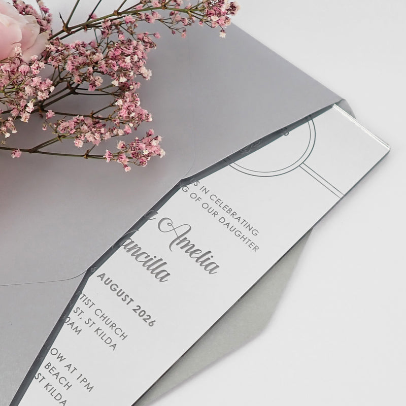 Customised DL Engraved Mirror Silver Acrylic Christening Invitations