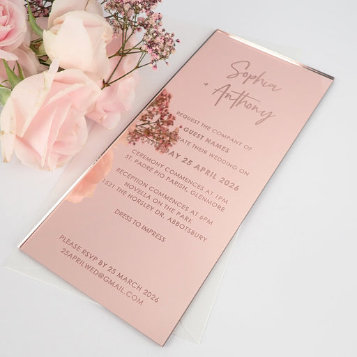 Personalised Engraved DL Engraved Rose Gold Acrylic Wedding Invitations