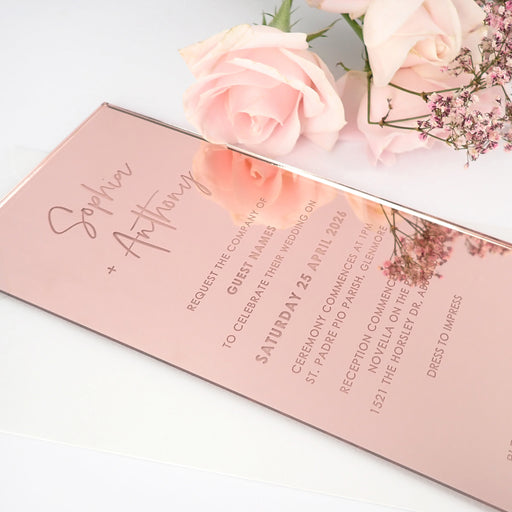 Custom Designed Laser Cut and Engraved DL Rectangle Rose Gold Acrylic Wedding Invitations