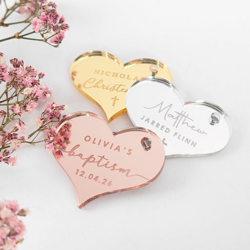 Personalised Engraved Silver, Gold & Rose Gold Acrylic "Heart" Christening, Baby Shower, Naming Day & Christening Gift Tags 