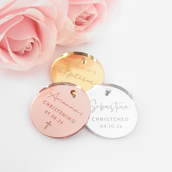 Customised Engraved Silver, Gold & Rose Gold Acrylic "Circle" Baptism Gift Tags Favours