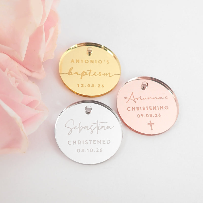 Customised Engraved Silver, Gold & Rose Gold Acrylic "Circle" Baptism Gift Tags Favours
