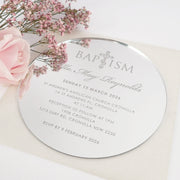 Custom Designed Engraved Round Silver Acrylic Christening Invitations