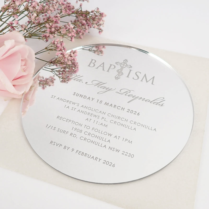 Custom Designed Engraved Round Silver Acrylic Christening Invitations