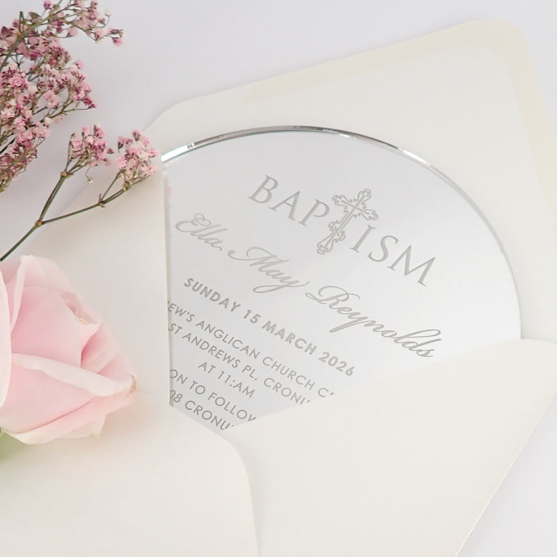Custom Designed Engraved Round Silver Acrylic Christening Invitations