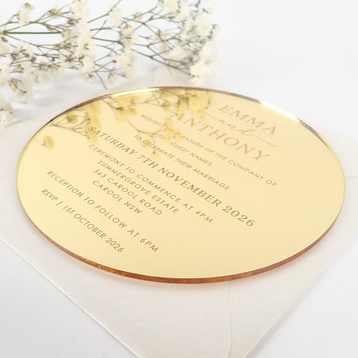 Custom designed Laser Engraved and cut round Mirror wedding invitations