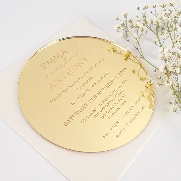 Personalised Engraved round Mirror gold wedding invitations
