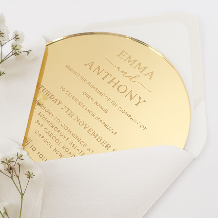 Customised Engraved Bride and Groom Mirror Gold Acrylic Round Wedding Invitation