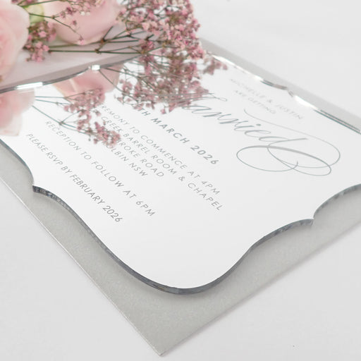 Custom Designed Laser Cut & Engraved Royal Style Mirror Silver Acrylic Wedding Invitation