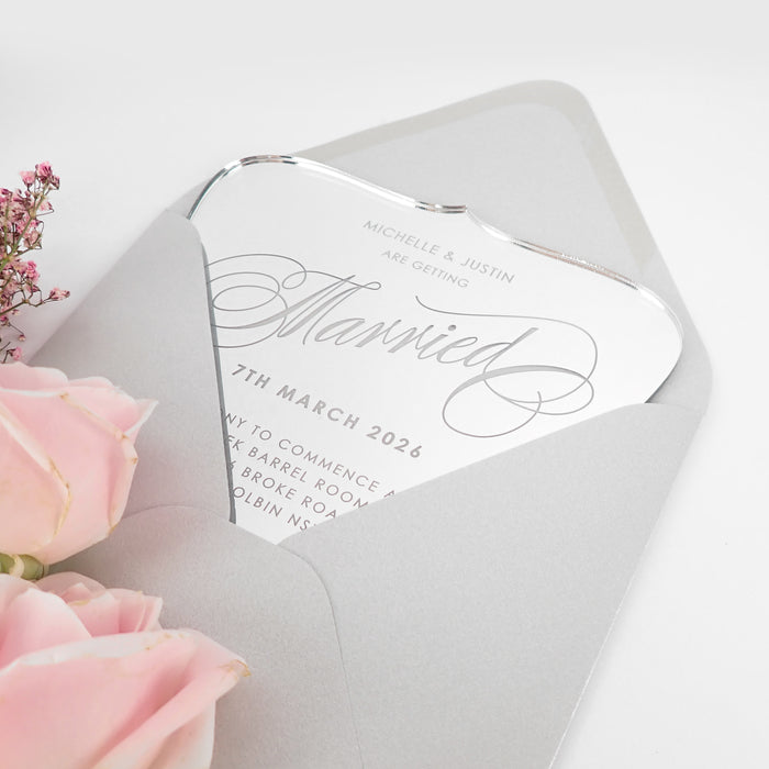 Customised Engraved Bride and Groom Wedding Mirror Silver Acrylic Invitations