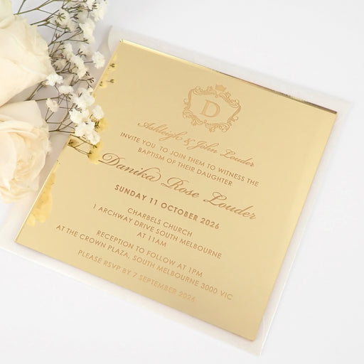 Customised Engraved Square Mirror Gold Acrylic Christening Invitations