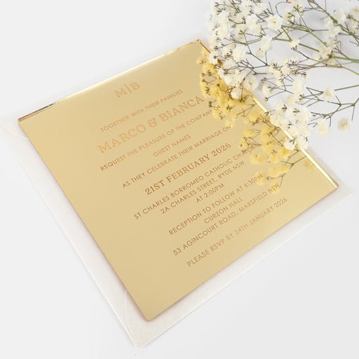 Personalised Engraved Mirror Gold Acrylic Wedding Invitations