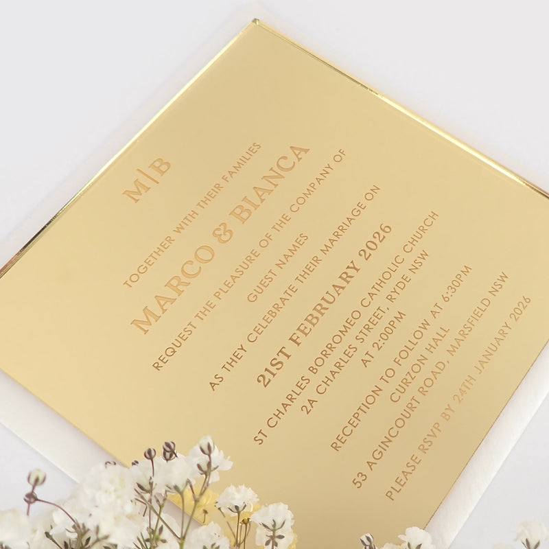 Custom designed Engraved Mirror Gold Acrylic Wedding Invitations