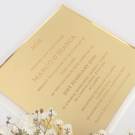 Custom designed Engraved Mirror Gold Acrylic Wedding Invitations