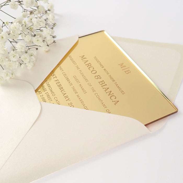 Custom Artwork Engraved Bride and Groom Wedding Mirror Gold Invitations