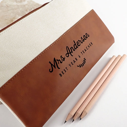 Custom Artwork Engraved Teacher Name Tan White Leatherette Pencil Case