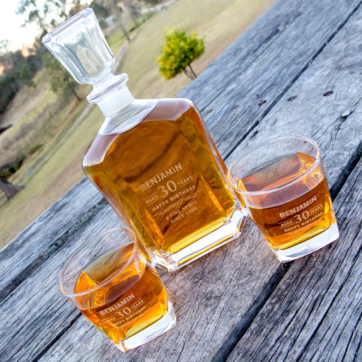 Custom designed Engraved Birthday decanter and matching scotch glasses Present