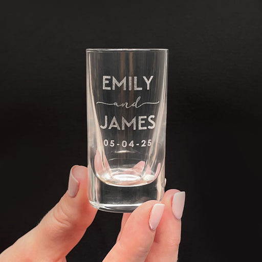 Customised Engraved Bride and Grooms names Wedding Shot Glass Favours