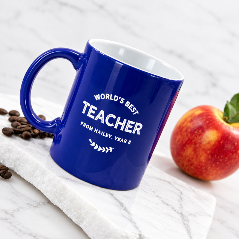 Engraved 325ml ceramic teacher mug personalised with their name and a message from your child.