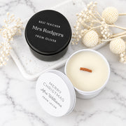 Engraved teacher candle in black or white tin, personalised with a special thank you message.