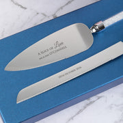 Silver crystal wedding cake knife and server set, laser engraved for a personal touch.